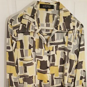 yellow/gold, brown , gray blouse